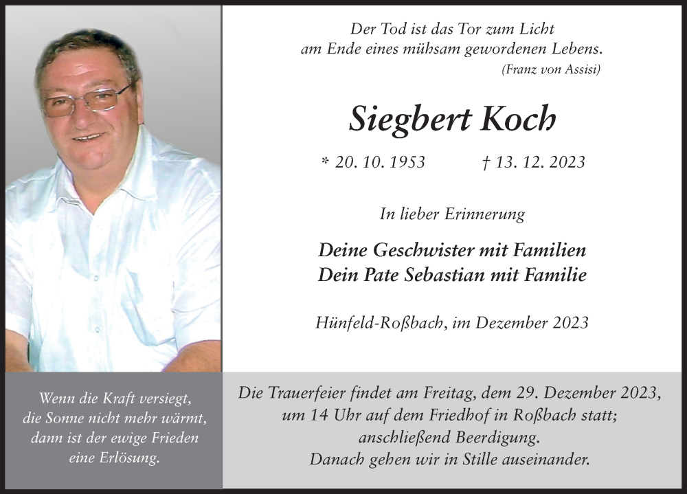  Traueranzeige für Siegbert Koch vom 27.12.2023 aus FZ