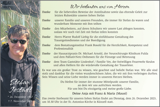 Traueranzeige von Stefan Jestädt von FZ