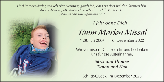 Traueranzeige von Timm Marlon Missal von FZ
