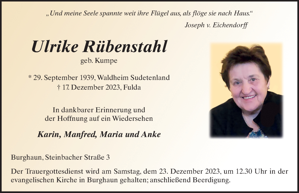  Traueranzeige für Ulrike Rübenstahl vom 20.12.2023 aus FZ
