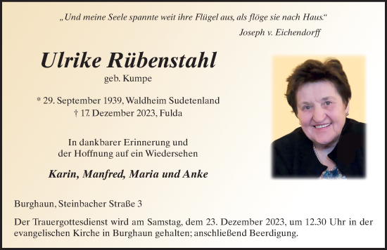 Traueranzeige von Ulrike Rübenstahl von FZ