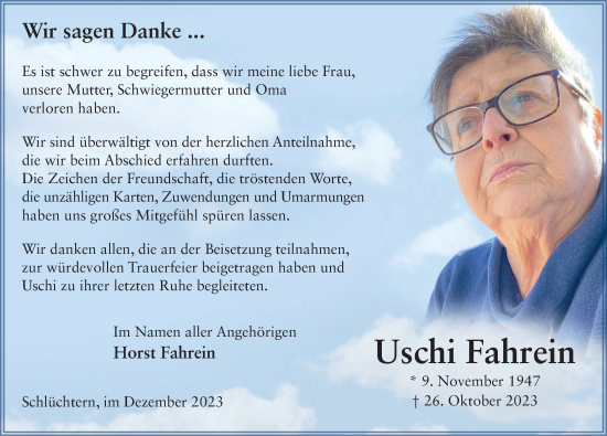Traueranzeige von Ursula Fahrein von FZ