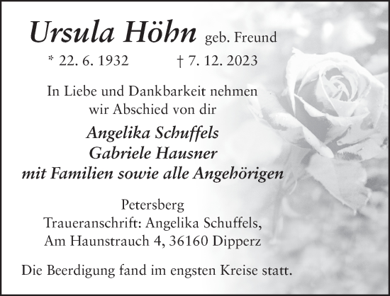 Traueranzeige von Ursula Höhn von FZ