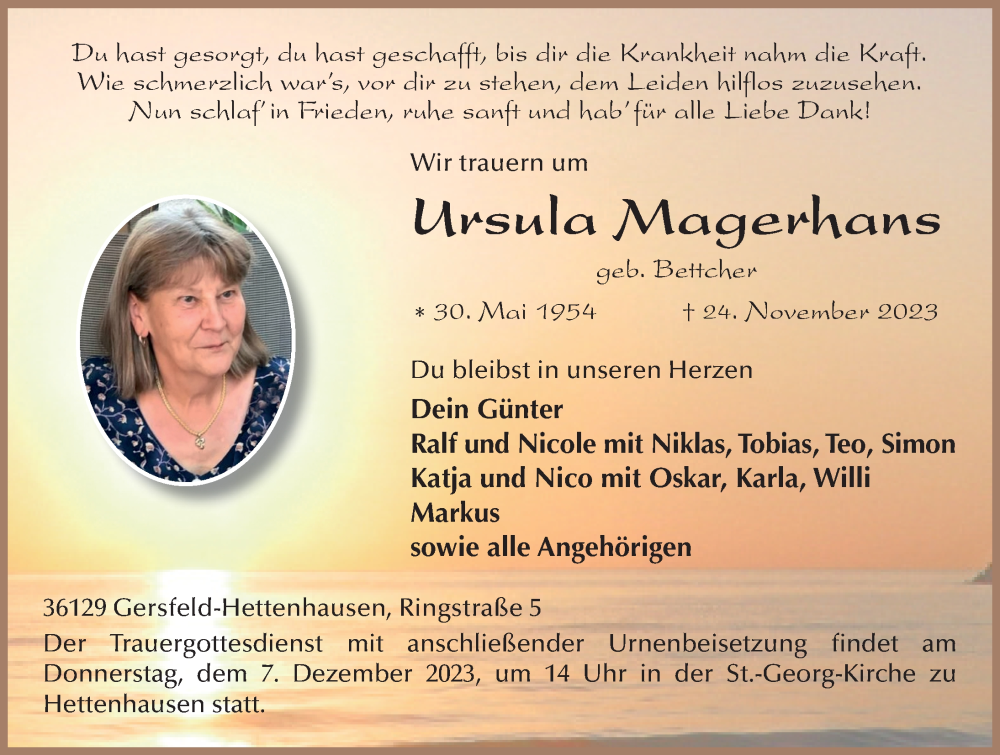  Traueranzeige für Ursula Magerhans vom 05.12.2023 aus FZ