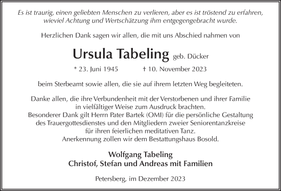 Traueranzeige von Ursula Tabeling von FZ