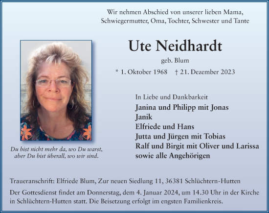Traueranzeige von Ute Neidhardt von FZ