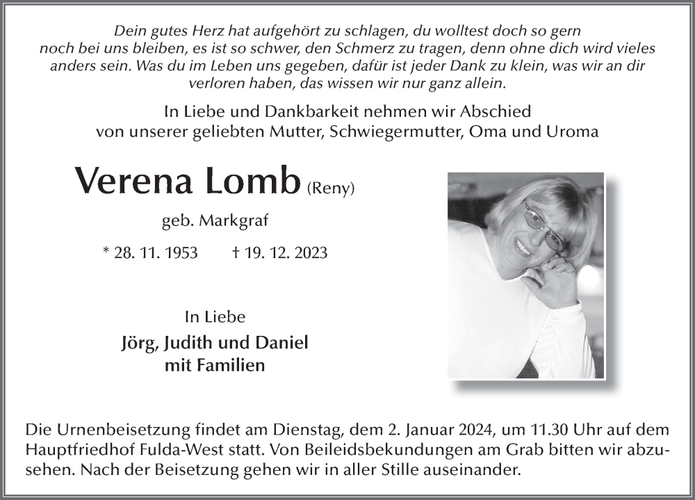  Traueranzeige für Verena Lomb vom 28.12.2023 aus FZ
