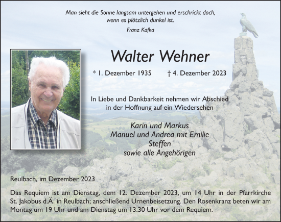 Traueranzeige von Walter Wehner von FZ