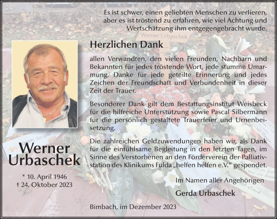 Traueranzeige von Werner Urbaschek von FZ