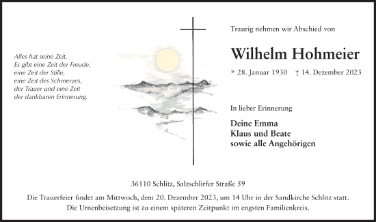 Traueranzeige von Wilhelm Hohmeier von FZ