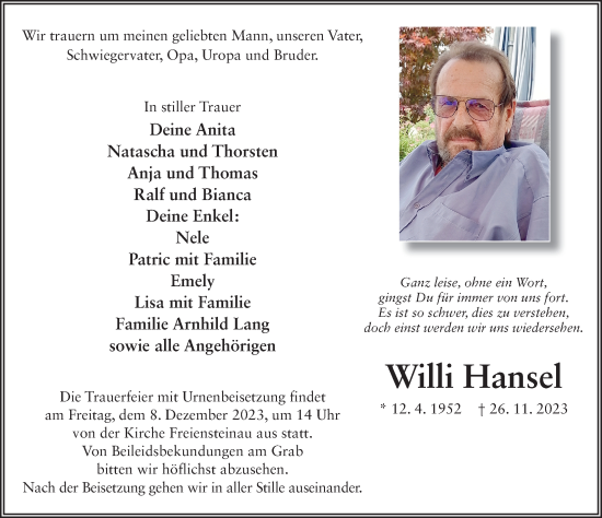 Traueranzeige von Willi Hansel von FZ