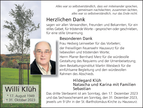 Traueranzeige von Willi Klüh von FZ