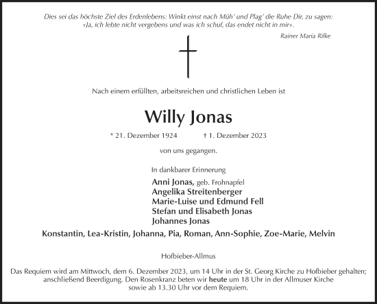 Traueranzeige von Willy Jonas von FZ