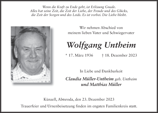 Traueranzeige von Wolfgang Untheim von FZ
