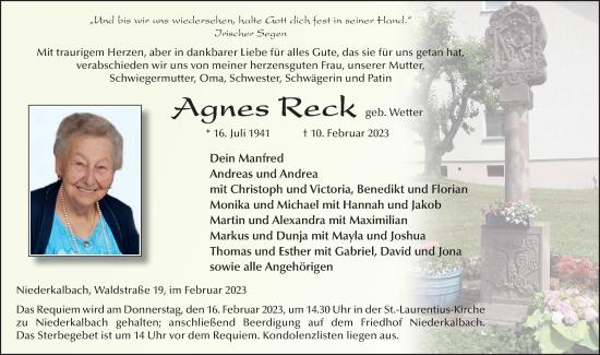 Traueranzeige von Agnes Reck von FZ