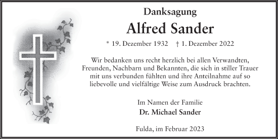 Traueranzeige von Alfred Sander von FZ