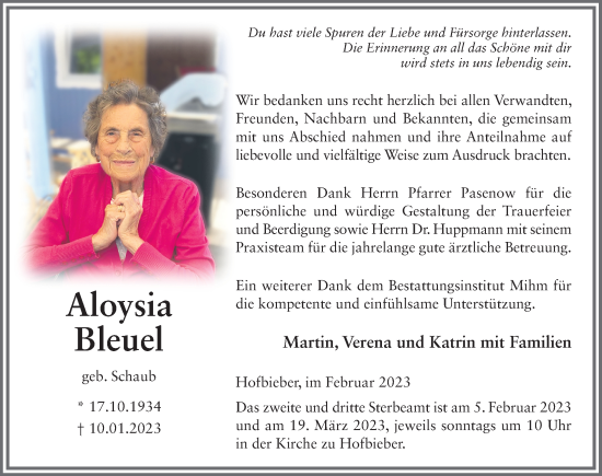 Traueranzeige von Aloysia Bleuel von FZ