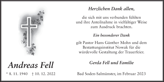 Traueranzeige von Andreas Fell von FZ