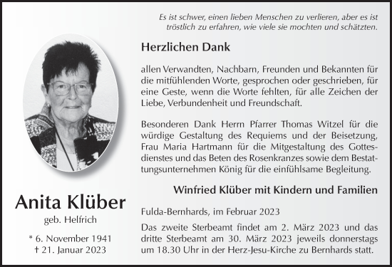 Traueranzeige von Anita Klüber von FZ