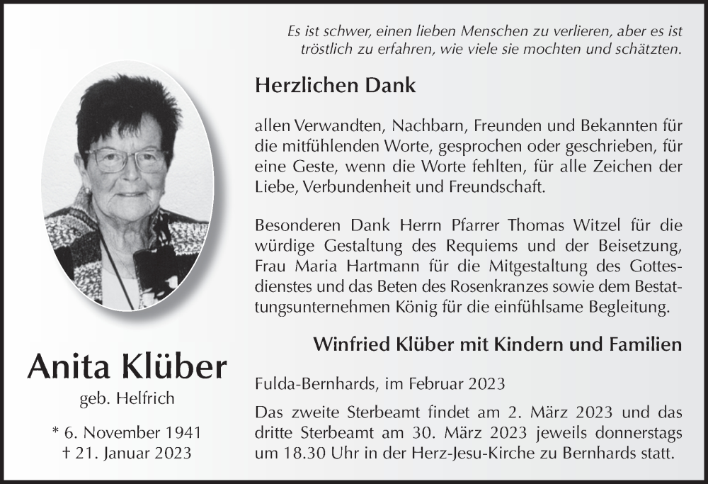  Traueranzeige für Anita Klüber vom 24.02.2023 aus FZ