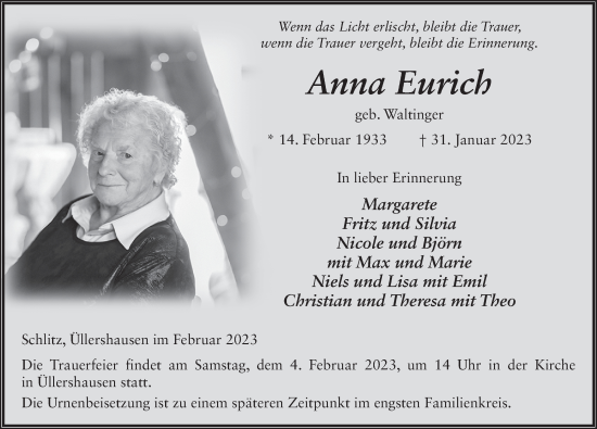 Traueranzeige von Anna Eurich von FZ