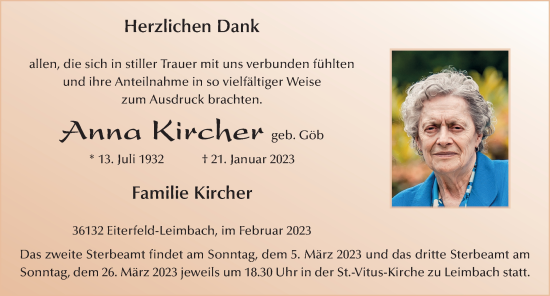 Traueranzeige von Anna Kircher von FZ