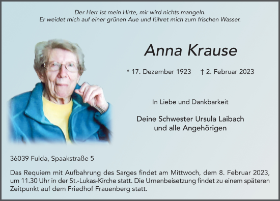 Traueranzeige von Anna Krause von FZ