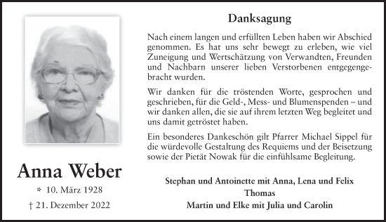 Traueranzeige von Anna Weber von FZ