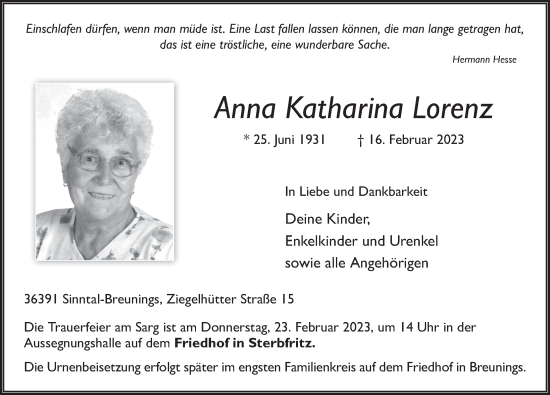 Traueranzeige von Anna Katharina Lorenz von FZ