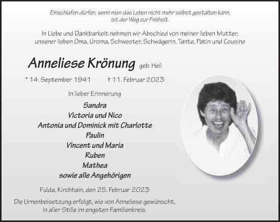 Traueranzeige von Anneliese Krönung von FZ