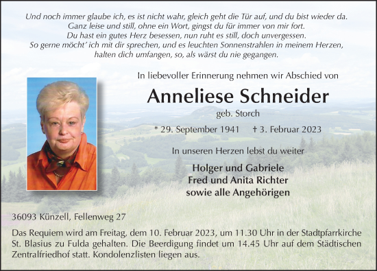 Traueranzeige von Anneliese Schneider von FZ