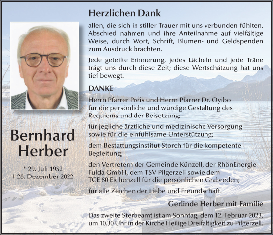 Traueranzeige von Bernhard Herber von FZ