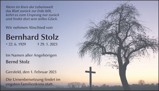 Traueranzeige von Bernhard Stolz von FZ