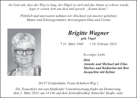Traueranzeige von Brigitte Wagner von FZ