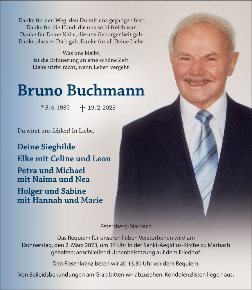  Traueranzeige für Bruno Buchmann vom 25.02.2023 aus FZ