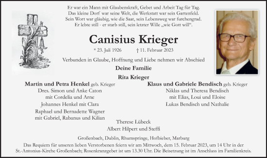 Traueranzeige von Canisius Krieger von FZ
