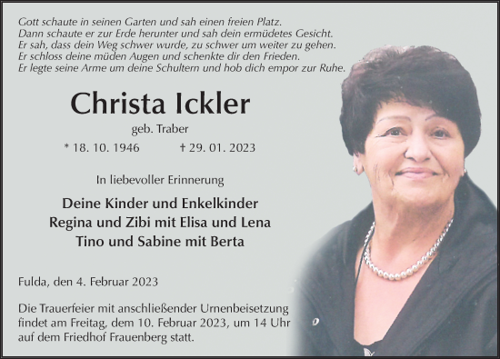 Traueranzeige von Christa Ickler von FZ