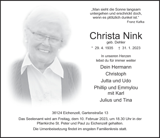 Traueranzeige von Christa Nink von FZ