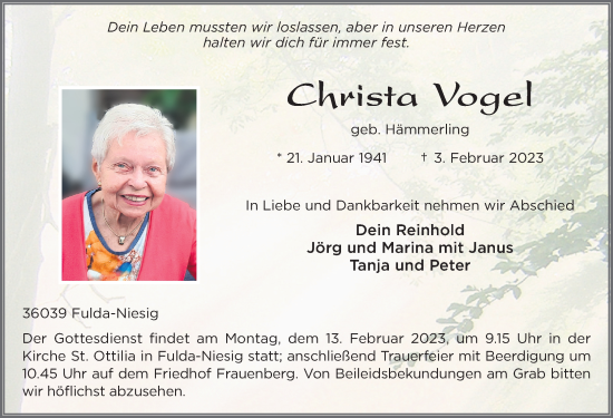 Traueranzeige von Christa Vogel von FZ