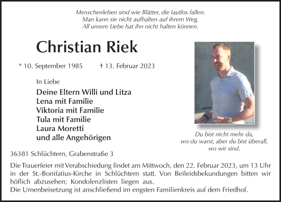 Traueranzeige von Christian Riek von FZ