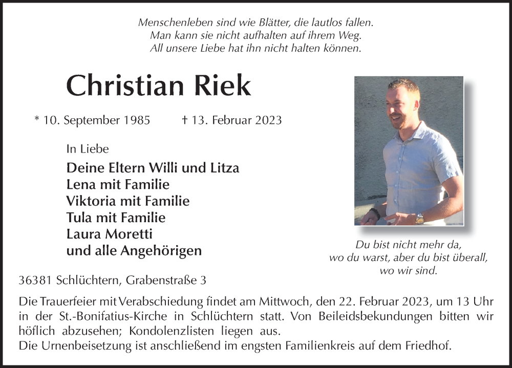  Traueranzeige für Christian Riek vom 20.02.2023 aus FZ