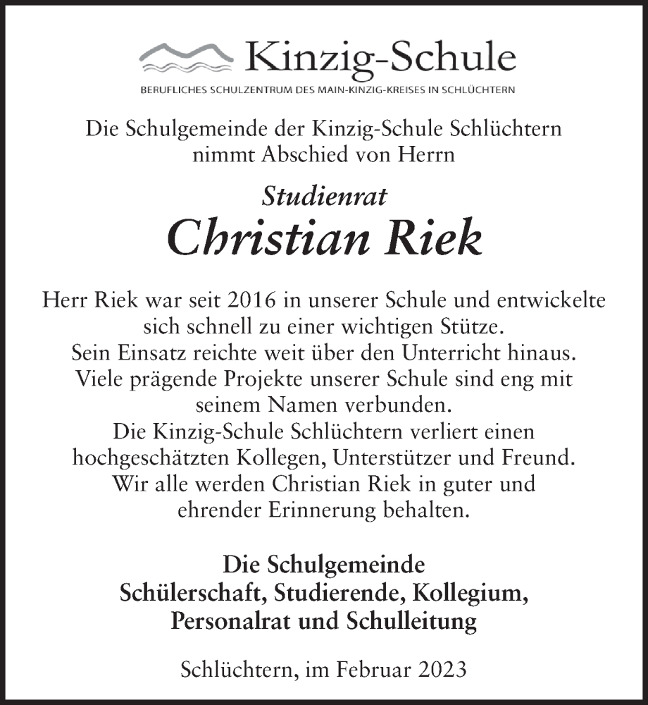  Traueranzeige für Christian Riek vom 23.02.2023 aus FZ