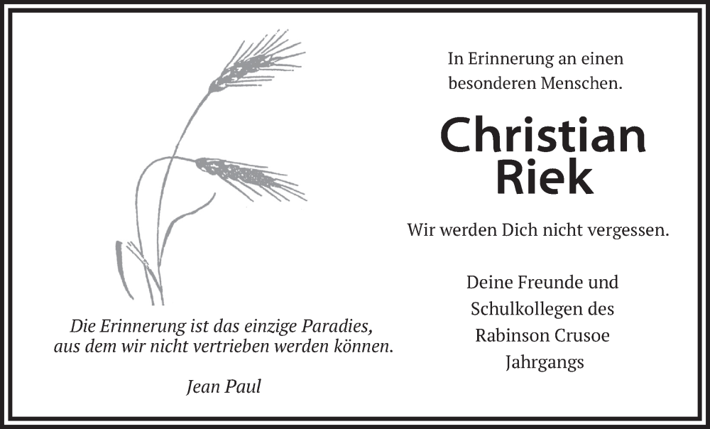  Traueranzeige für Christian Riek vom 22.02.2023 aus FZ