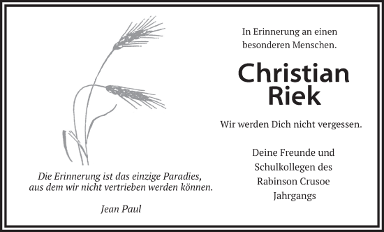 Traueranzeige von Christian Riek von FZ