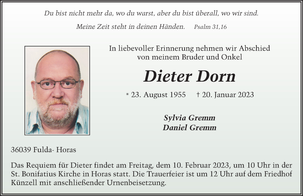  Traueranzeige für Dieter Dorn vom 07.02.2023 aus FZ