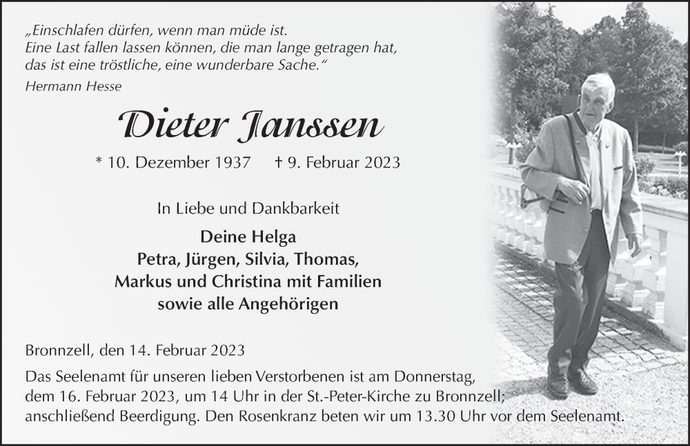  Traueranzeige für Dieter Janssen vom 14.02.2023 aus FZ