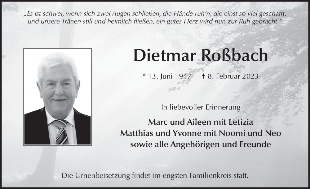  Traueranzeige für Dietmar Roßbach vom 25.02.2023 aus FZ