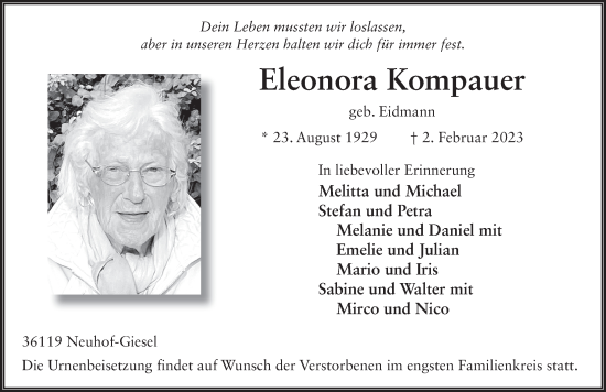 Traueranzeige von Eleonora Kompauer von FZ