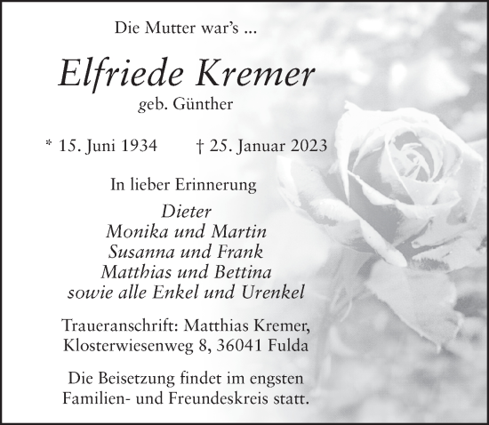 Traueranzeige von Elfriede Kremer von FZ
