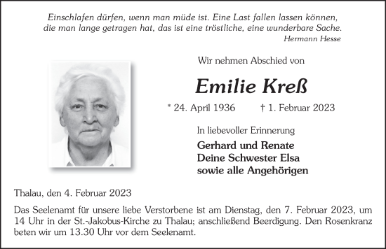 Traueranzeige von Emilie Kreß von FZ